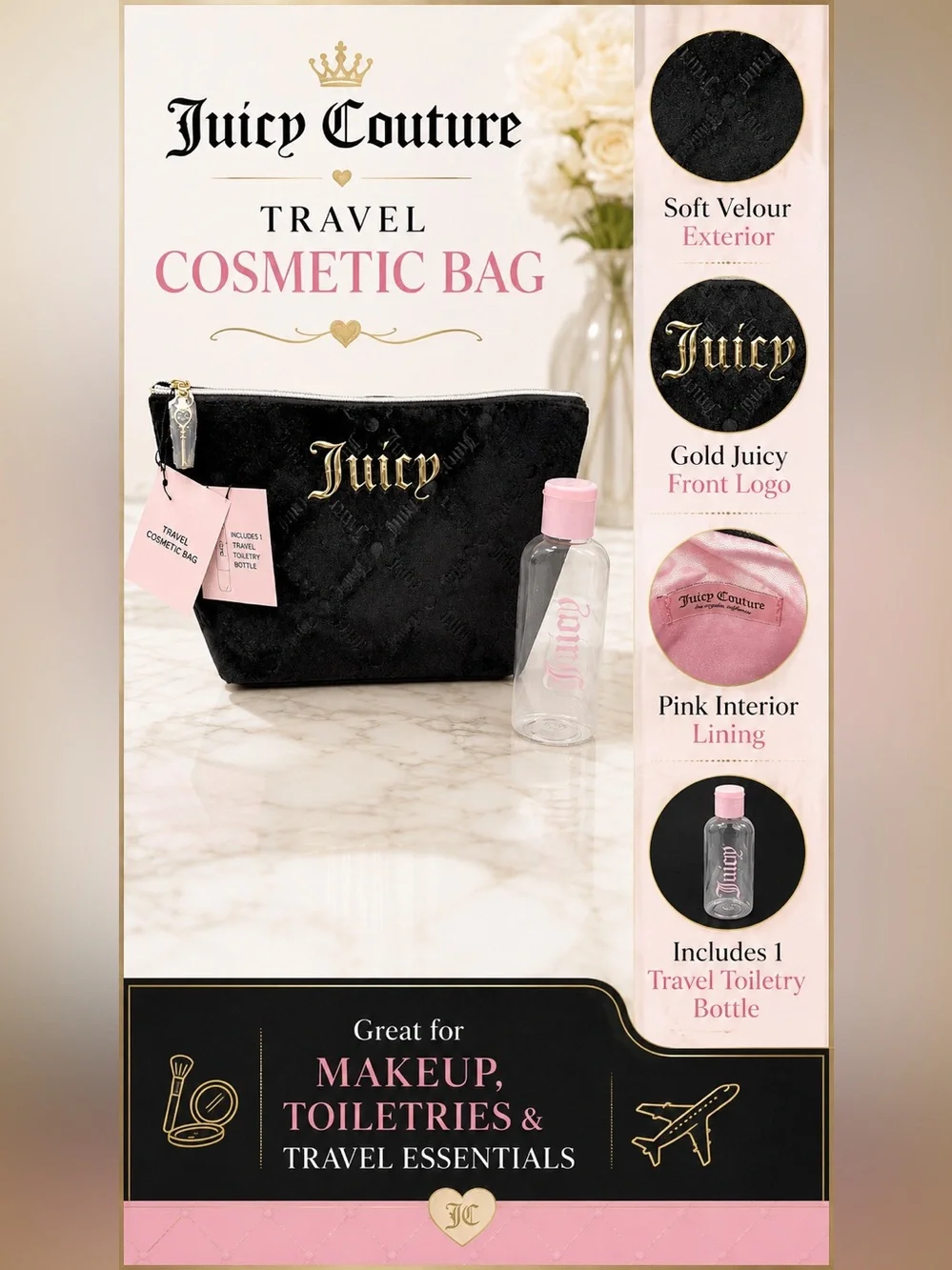 Juicy Couture Black Velour Gold Logo Makeup Bag + Travel Bottle NWT